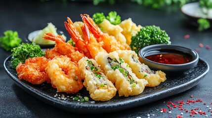 Assorted tempura with a side of dipping sauce, Japanese food, crispy delight