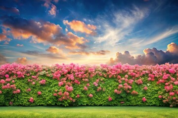 Obraz premium Reflected painting of pink floral hedge with cloudy sky on green background