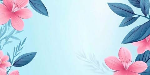 A soft blue background adorned with pink flowers and leaves, ideal for invitations or designs.