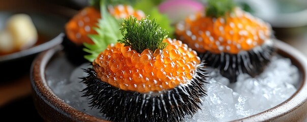 Fresh uni sea urchin served in its shell, presented on ice, Japanese food, gourmet seafood