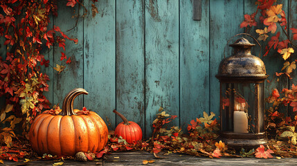Autumn arrangement with pumpkins and rusty lantern. pumpkins on the old wooden background. 