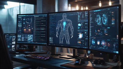 Designer creates game character. monitor with a screen saver. Game development concept. 