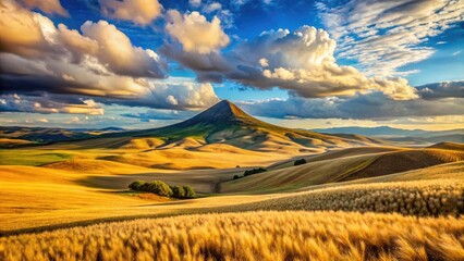 Rugged, rust-hued Steptoe Butte rises solo amidst rolling hills of golden wheat, under a vast, cloud-strewn blue sky in rural eastern Washington State.