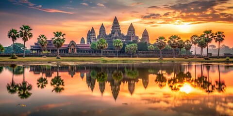 Fototapeta premium Reflection of Angkor Wat in water during sunrise