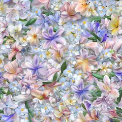 A vibrant arrangement of various flowers in soft colors, creating a floral pattern.