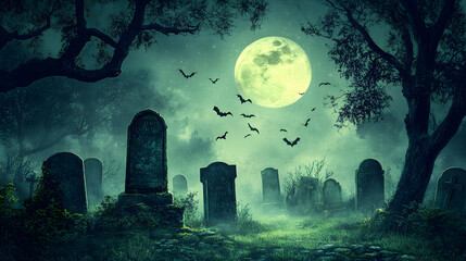 A spooky graveyard at night, headstones crooked and covered in moss. A misty haze hovers near the ground while bats fly through the sky under the pale moonlight