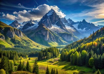 Serene landscape photography showcasing sharp mountain peaks, verdant forests, and vast valleys under a crystal-clear blue sky with excellent depth of field.
