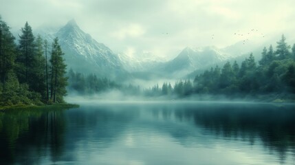 Serene misty mountain landscape with a calm reflective lake, evergreen trees, and snow-capped peaks at dawn, peaceful nature scene