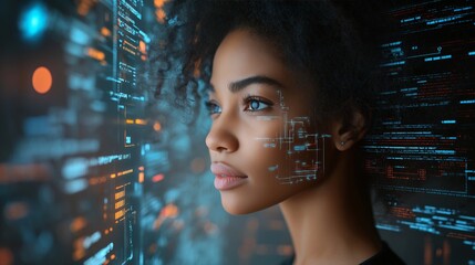 Black African American female IT specialist analyzing AI-driven cyber security threats in a futuristic setting, side profile view with multiple layers of digital code and holographic interface element