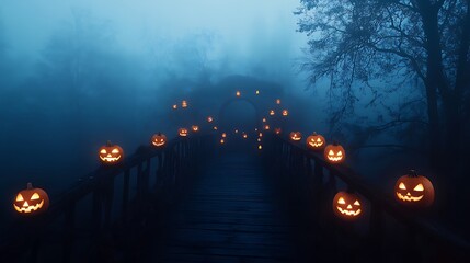 Eerie Halloween Night on Foggy Bridge with Ghostly Figures and Glowing Pumpkins