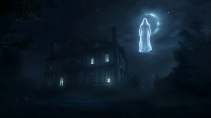 A ghostly figure floating near an ancient mansion, its translucent form illuminated by the moon as it hovers above the ground, with eerie light flickering from the windows