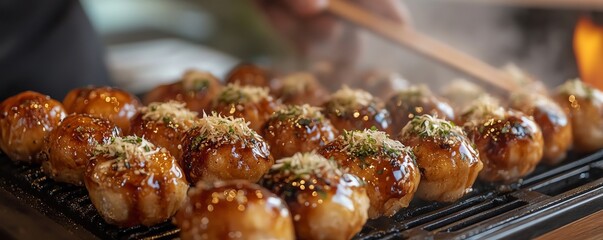 Takoyaki being cooked in a specialized pan, topped with sauce and bonito flakes, Japanese food, street food