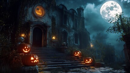 Spooky Halloween night landscape with moonlit woods and a haunted house