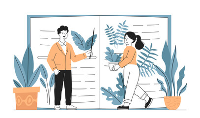People with book about plants. Man and woman near textbook with tropical leaves. Gardening, botany and floristry. Comfort indoors. Linear vector illustration