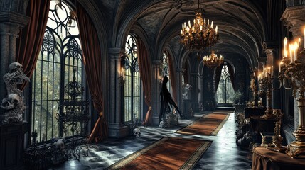 Fototapeta premium A grand Gothic hallway decorated for Halloween with soaring arched windows covered in dark velvet, a large elaborate chandelier overhead, and Gothic-themed Halloween decorations such as skulls.