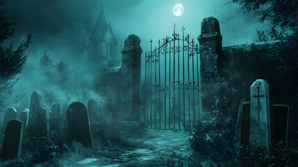 A haunted churchyard with a rusted iron gate creaking open, tombstones leaning at odd angles, and ghostly figures moving between the graves in the moonlight