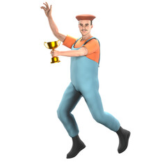 Painter Male Professional. A male painter is jumping with his left hand holding trophy. 3D Art Model Illustration