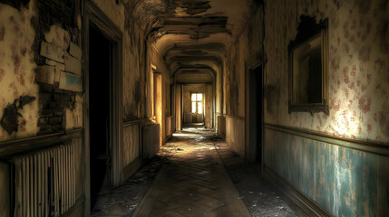 Fototapeta premium A long, dark hallway inside an old mansion, with peeling wallpaper and broken floorboards. Faint, ghostly apparitions seem to hover just beyond the flickering candlelight