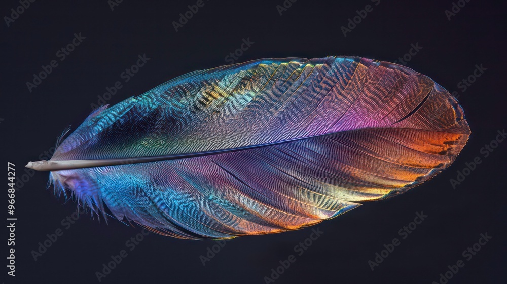 Poster a single iridescent feather with vibrant colors and intricate patterns against a dark background.