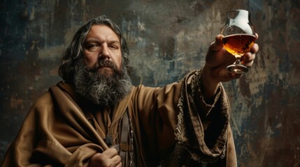 senior man with beard holding a glass of wine in a monastery