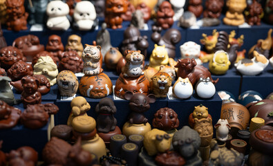 Small free market handmade ceramics shop, tiger ceramic decorations, exquisite and cute tea sets, Asian small gifts, wood carvings, handicrafts