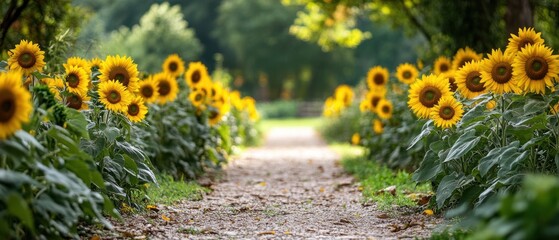 Obraz premium Sunflowers lining a gravel path through a field