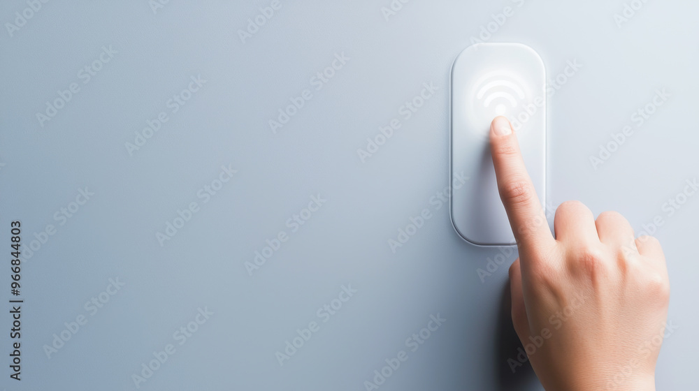 Poster a close-up of a hand pressing a modern touch button on a sleek wall, showcasing minimalistic design 