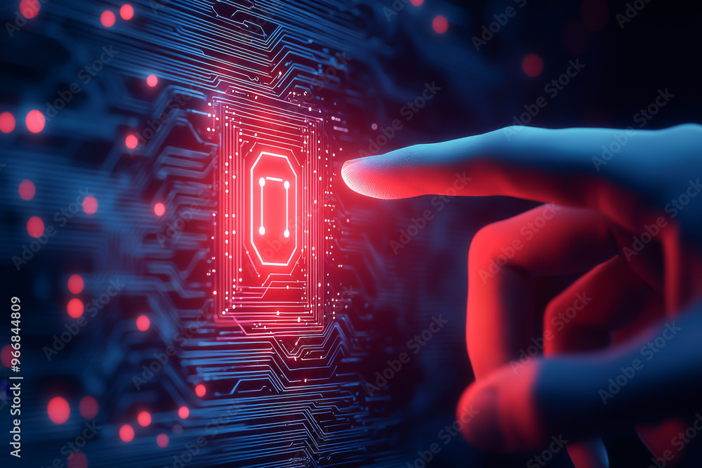 Poster a close-up of a hand touching a glowing circuit board, symbolizing advanced technology and digital i