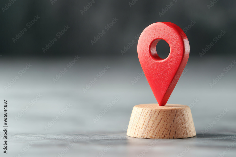 Poster a close-up of a red location pin on a wooden base, symbolizing navigation and mapping in a modern di