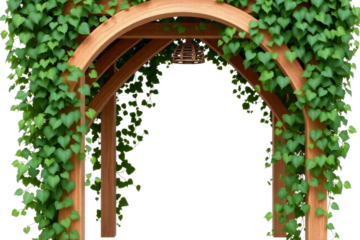 Wooden arch covered in lush green ivy vines creating an inviting entrance, perfect for gardens or outdoor celebrations