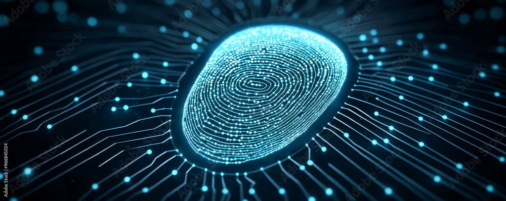 Poster a digital fingerprint with glowing lines, symbolizing identity and technology in a modern world.