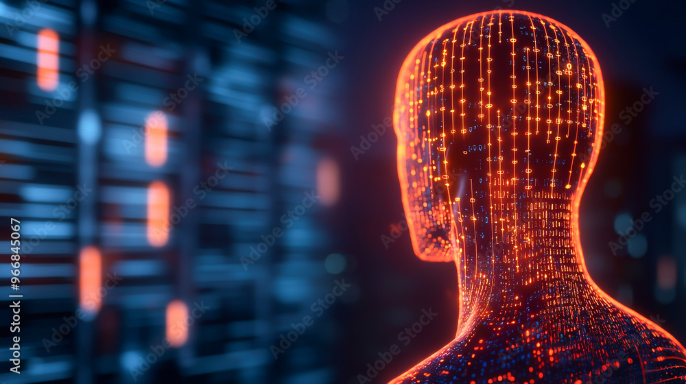Poster a digital silhouette with glowing circuits, symbolizing technology and data in a futuristic environm