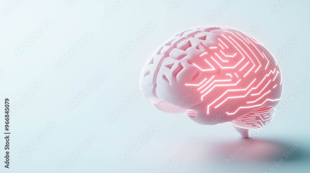 Poster a futuristic brain model showcasing circuit patterns, blending technology with neuroscience in a sle