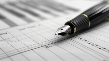 Fototapeta premium tip of an expensive pen lies on white sheets with graph, spreadsheet data with pen