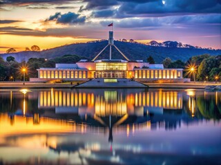 Obraz premium Sparkling cityscape of Canberra, Australia's capital, at dusk, featuring the iconic Parliament House building and tranquil Lake Burley Griffin reflection.