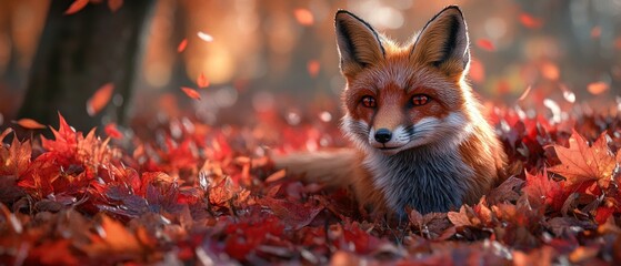Red Fox with Orange Eyes Amidst Autumn Leaves