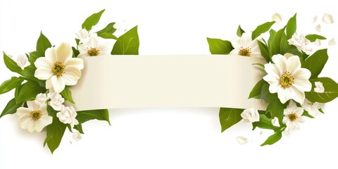 Floral decoration featuring white flowers and green leaves with a blank banner for text.