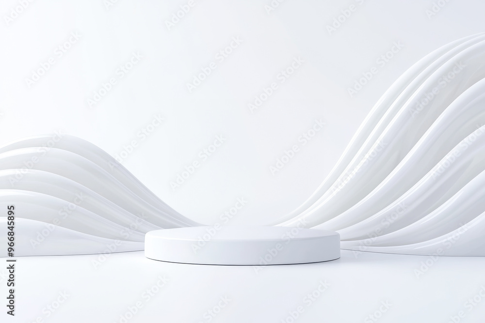 Poster a minimalist display with a round podium and smooth white waves, perfect for showcasing products or 