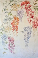 A colorful floral design featuring cascading wisteria blossoms in various shades.