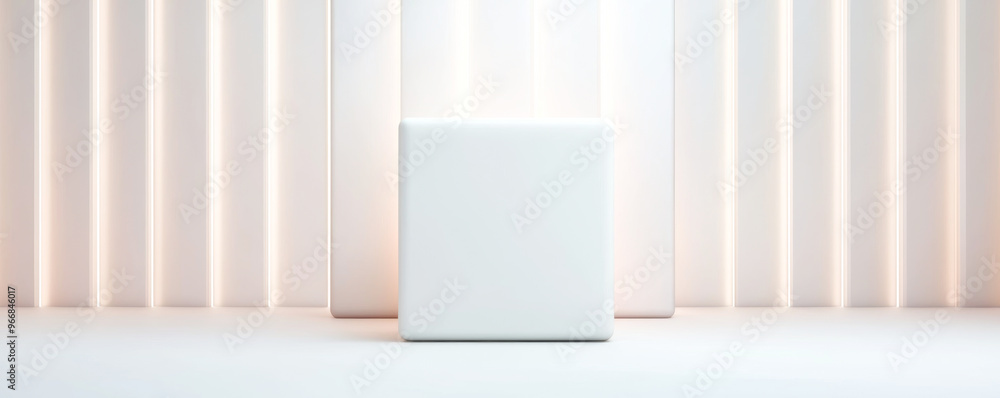 Poster a minimalist white cube stands prominently in a softly lit space, emphasizing simplicity and modern 