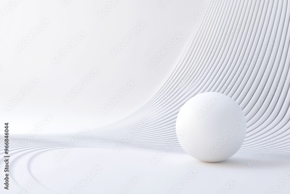 Poster a minimalist white scene featuring a smooth sphere on a wavy surface, creating a serene and modern a