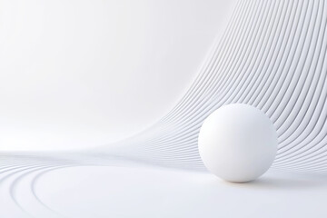 A minimalist white scene featuring a smooth sphere on a wavy surface, creating a serene and modern aesthetic.