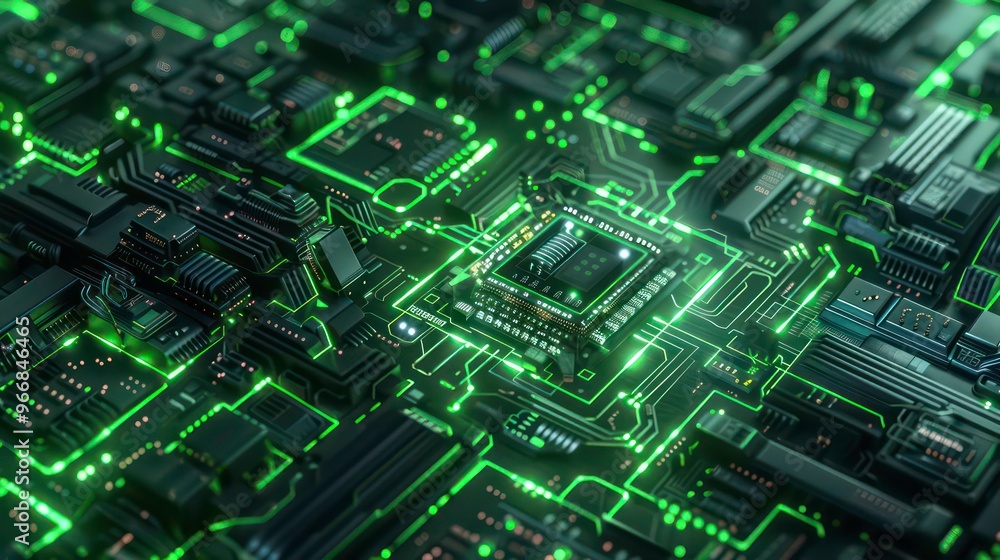 Poster a close-up of a circuit board with a glowing green processor in the center.