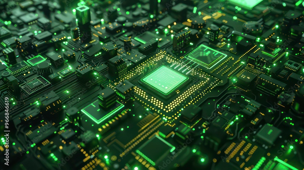 Aufkleber a close-up of a green and black circuit board with a glowing processor in the center, representing t