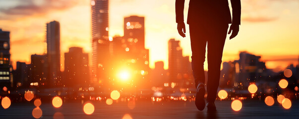 A silhouette of a businessman walking towards a sunset in the city, symbolizing opportunities and new beginnings.