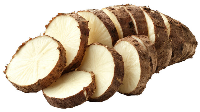 Sliced Cassava Root  Yuca  Tapioca  Manihot esculenta  Close Up  Fresh  Organic  Raw  Healthy  Vegetable