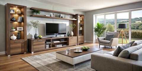 This contemporary living room boasts a cutting-edge media unit that intelligently organizes and showcases modern