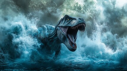 Obraz premium Tyrannosaurus Rex Roaring in a Stormy Sea