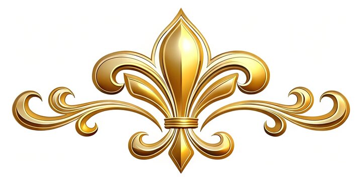 Stylized fleur-de-lis symbol, a golden ornate motif with intricate curves and lines, isolated on a transparent background, representing Quebec's cultural heritage and national pride.