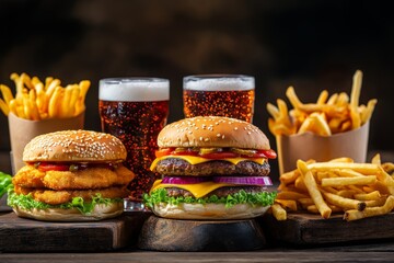Tempting fast food delivery menu with burgers, fries, nuggets, and fizzy drinks on display